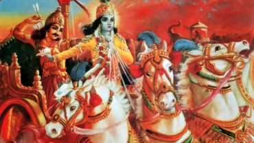 Image of Lord Krishna and Arjuna on the battlefield of Kurukshektra